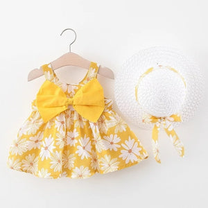 Baby Girl Dress Print Floral Girl Dress With Bow Hat 2 Piece Baby Clothes Outfits Infant Toddler Clothes Newborn Baby Dress