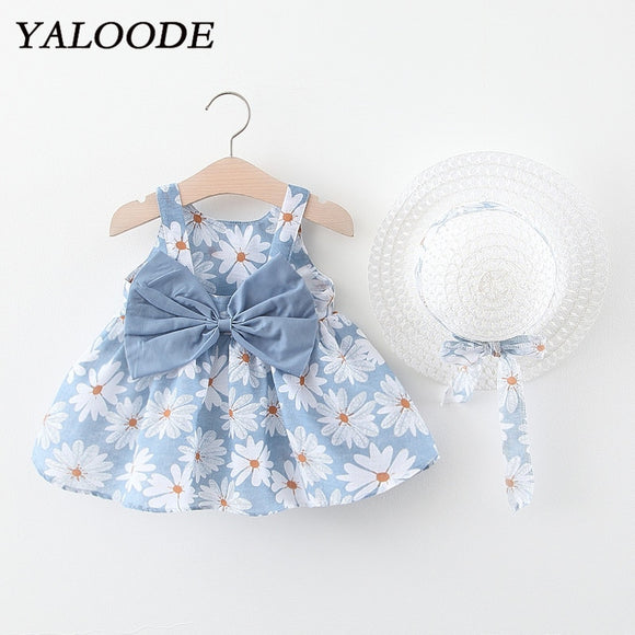 Baby Girl Dress Print Floral Girl Dress With Bow Hat 2 Piece Baby Clothes Outfits Infant Toddler Clothes Newborn Baby Dress